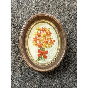 Small MCM Embroidery Wall Hanging Picture Oval Flowers Floral Orange Yellow